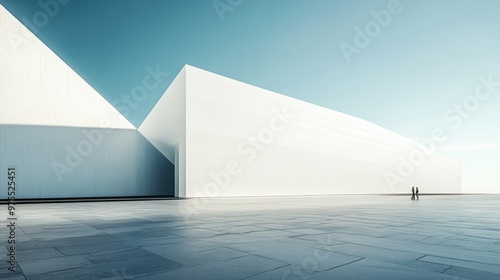 Two people stand in front of a large white modern building with a blue sky in the background.