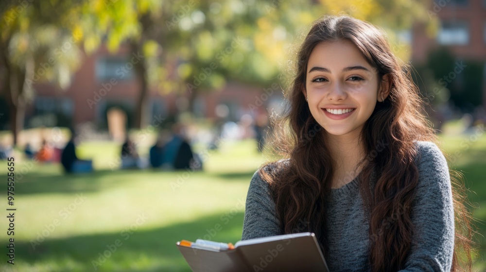 Fototapeta premium Portrait, girl or art college student on outdoor campus in university for opportunity or studying. Confident, happy woman or proud person with smile or notebook for school, education or scholarship