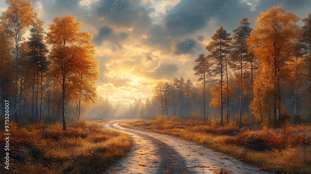 A winding dirt road leads through an autumnal forest, bathed in the golden glow of a setting sun. A winding dirt road leads through an autumnal forest, bathed in the golden glow of a setting sun.