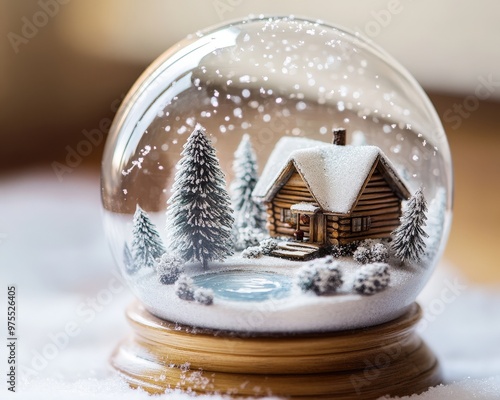 Boule à neige chalet en bois au bord d'un lac enneigé