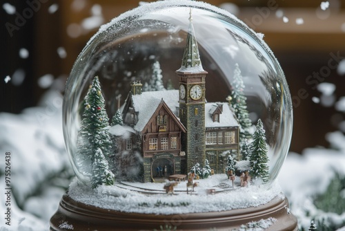 Boule à neige horloge de village enneigé avec sapins et cerfs photo