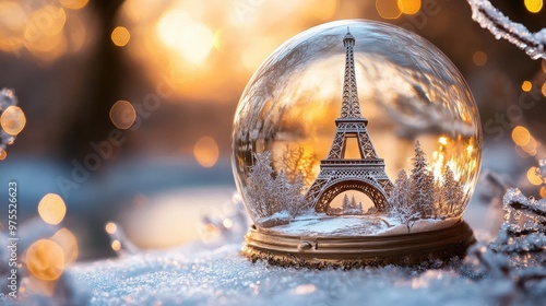 Boule à neige tour Eiffel illuminée dans un décor hivernal