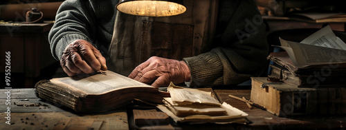 Hands of a male bookbinder on an old book, restoration process, book restoration and restoration workshop, banner, generative AI