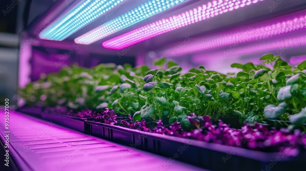 Modern Hydroponic Farming System Growing Spinach Under LED UV Light, Featuring Efficient Renewable Energy Technology Modern Hydroponic Farming System Growing Spinach Under LED UV Light, Featuring Efficient Renewable Energy Technology
