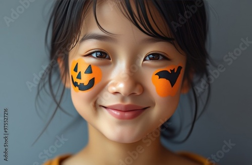 Smiling Asian teenager with Halloween face painting photo