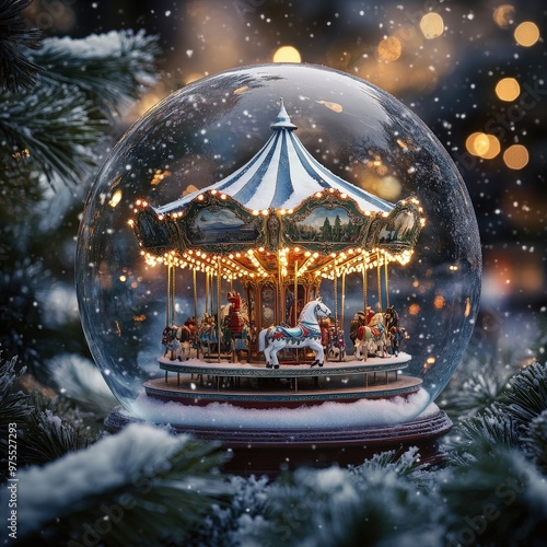 Boule à neige carrousel illuminé dans un paysage hivernal