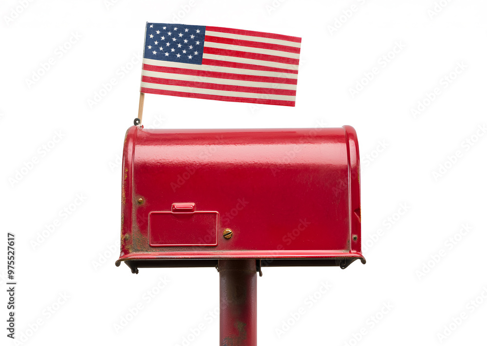 a red mailbox with an American flag on a white background. a red mailbox with an American flag on a white background.