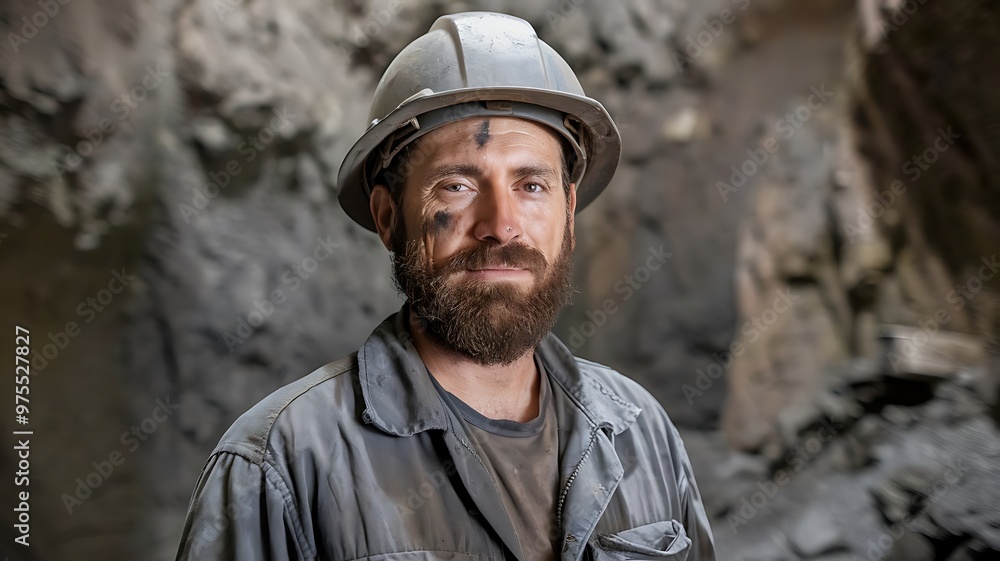 A Miner in a Helmet and Work Clothes, With a Beard and a Dirty Face A Miner in a Helmet and Work Clothes, With a Beard and a Dirty Face