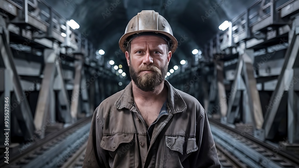 A Miner in a Helmet and Work Clothes, With a Beard and a Dirty Face A Miner in a Helmet and Work Clothes, With a Beard and a Dirty Face