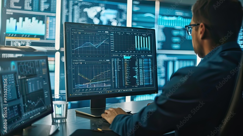A person analyzing data on a computer screen with network diagrams and performance graphs. A person analyzing data on a computer screen with network diagrams and performance graphs.