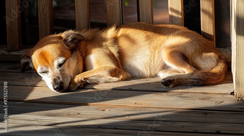 Sleeping dog on wooden deck in sunlight. photo