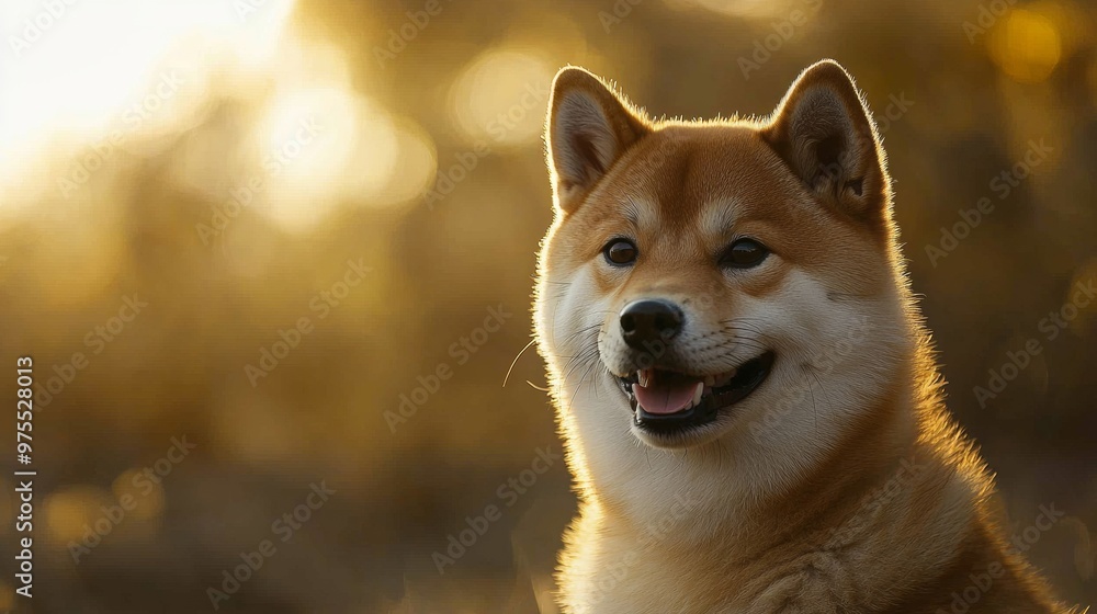 Portrait of a happy Shiba Inu dog outdoors with blur background and copy space