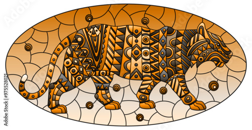 Stained glass illustration with abstract tiger, animal on abstract background,oval image, tone brown