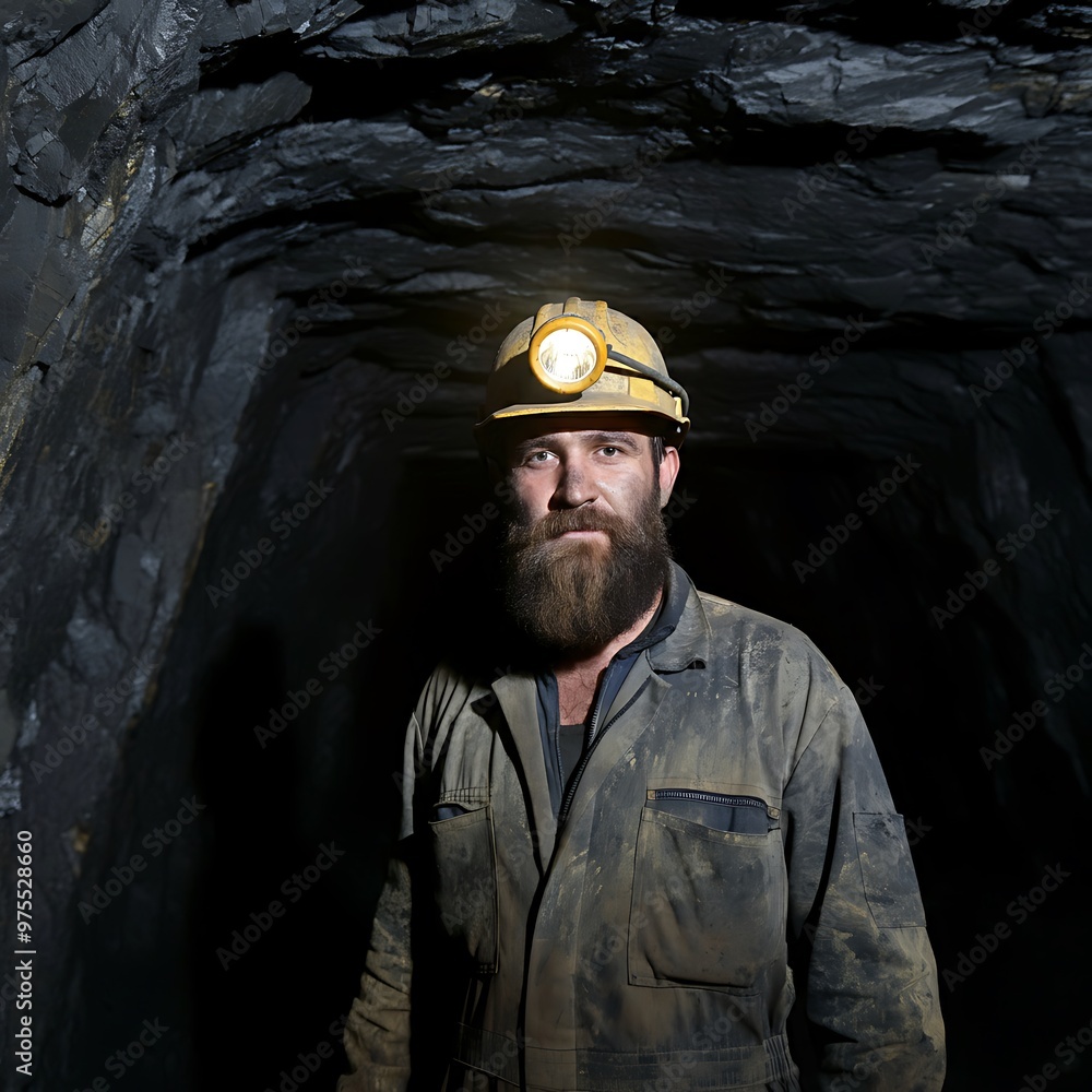 Obraz premium A Miner in a Helmet and Work Clothes, With a Beard and a Dirty Face
