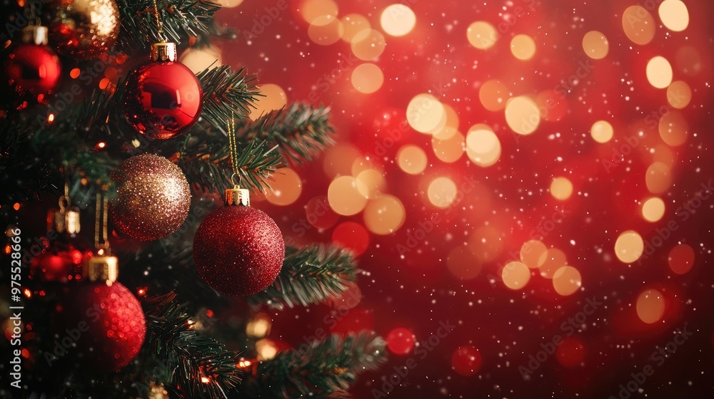 Obraz premium Close-up of a decorated Christmas tree with red and gold ornaments against a red bokeh background with falling snow.