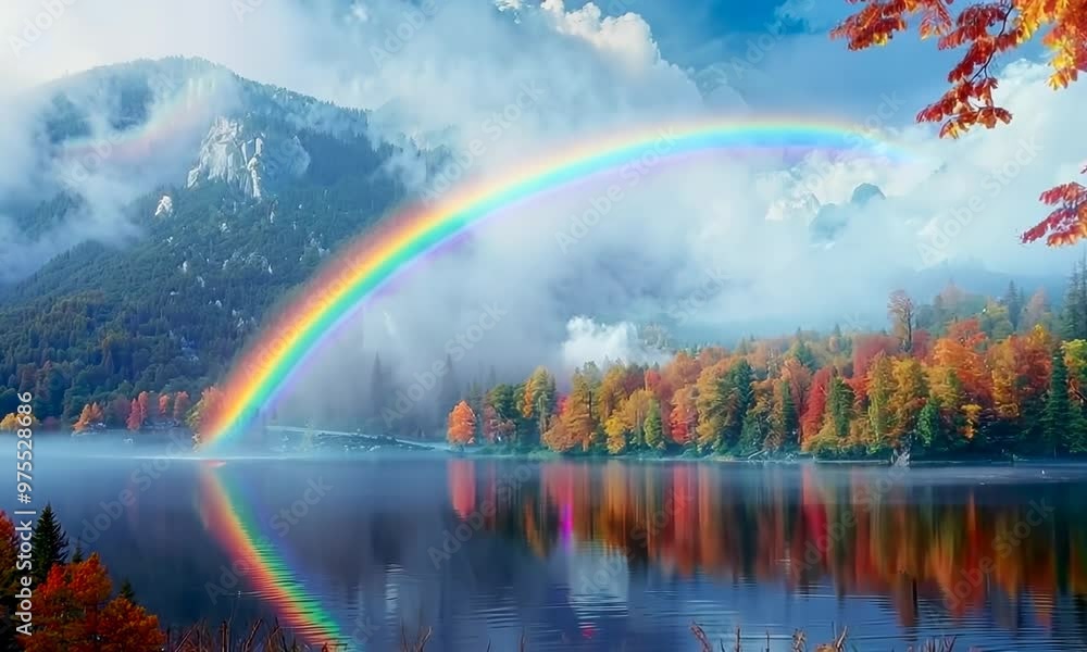 Rainbow arching over autumn foliage, Video Rainbow arching over autumn foliage, Video