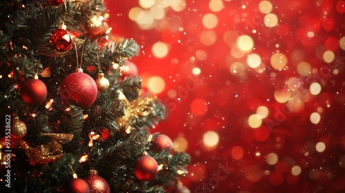 Close-up of a decorated Christmas tree with red ornaments and sparkling lights against a festive red bokeh background.