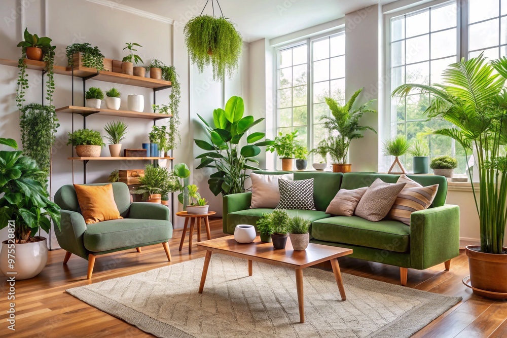 Interior of living room with green houseplants and sofas Interior of living room with green houseplants and sofas