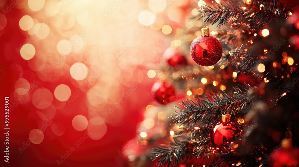 A decorated Christmas tree with red ornaments and twinkling lights against a red bokeh background. A decorated Christmas tree with red ornaments and twinkling lights against a red bokeh background.