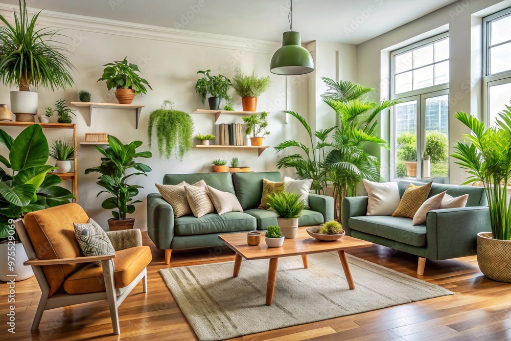 Interior of living room with green houseplants and sofas Interior of living room with green houseplants and sofas
