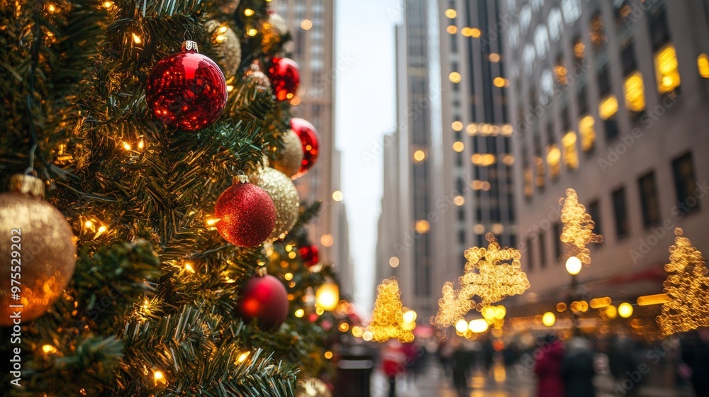 Christmas tree branches adorned with shiny red and gold baubles, with blurred city lights and people in the background. Christmas tree branches adorned with shiny red and gold baubles, with blurred city lights and people in the background.