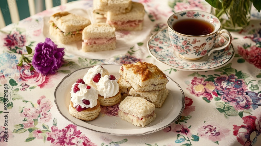 An English afternoon tea set consisting of sandwiches, scones with clotted cream and jam, and a pot of black tea, arranged on a floral tablecloth. An English afternoon tea set consisting of sandwiches, scones with clotted cream and jam, and a pot of black tea, arranged on a floral tablecloth.