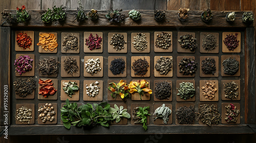 A diverse collection of medicinal plants from the Himalayas displayed on a rustic wooden table, with detailed labels for each plant  photo