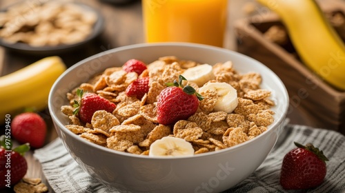 American breakfast consists of a bowl of cereal and milk, fresh strawberries and bananas as a side dish, and a glass of orange juice.