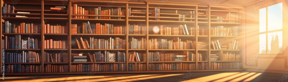 An old library with rows of books, the soft light casting warm shadows in this scholarly background illustration An old library with rows of books, the soft light casting warm shadows in this scholarly background illustration