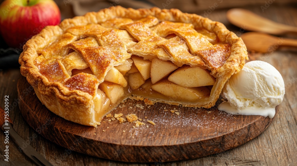 Freshly baked apple pie with a golden crisp crust and slices revealing a spiced apple filling inside, served on a rustic wooden table with melt-in-your-mouth vanilla ice cream. Freshly baked apple pie with a golden crisp crust and slices revealing a spiced apple filling inside, served on a rustic wooden table with melt-in-your-mouth vanilla ice cream.