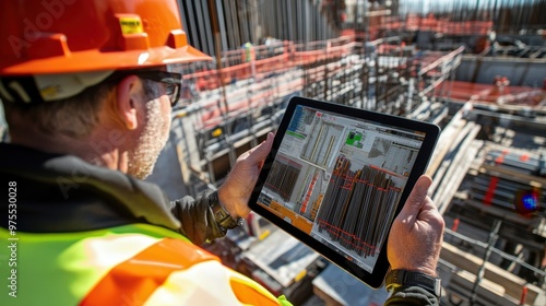 Detailed view of logistics process, showing workers inspecting rebar on trucks, with tablets displaying delivery details and site map.