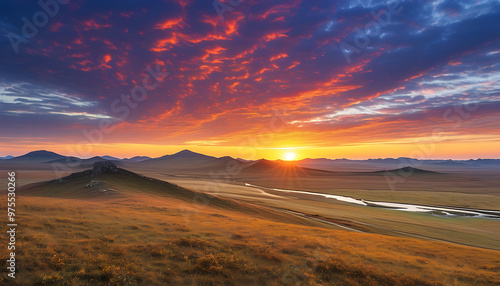 Autumn beauty of the dam's grassland, with dreamlike colors at sunset.