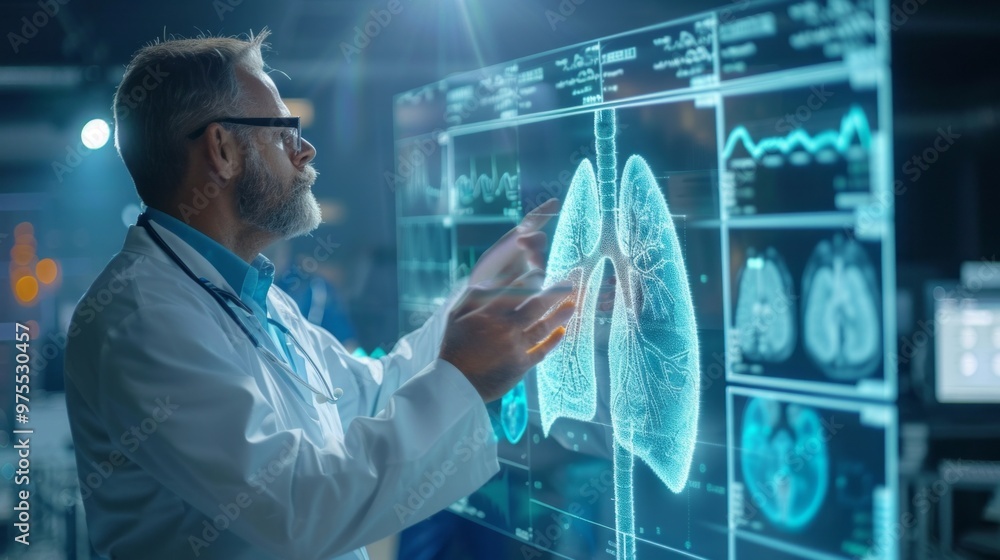 A doctor is looking at a computer screen with a lung image A doctor is looking at a computer screen with a lung image