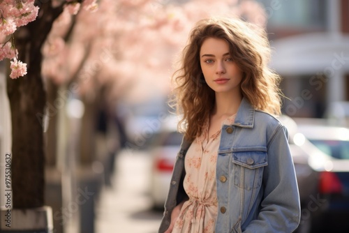 A woman in a denim jacket stands in front of a tree with pink blossoms