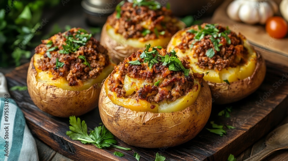 Stuffed potatoes with ground pork and cooked in the oven. Stuffed potatoes with ground pork and cooked in the oven.