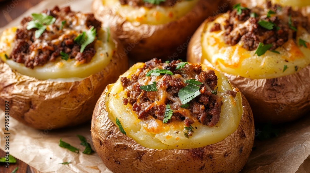 Stuffed potatoes with ground pork and cooked in the oven. Stuffed potatoes with ground pork and cooked in the oven.