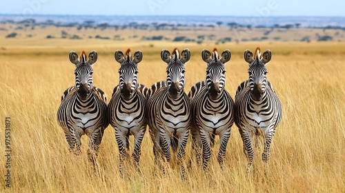 A group of zebras standing together in the tall grass of the savanna  photo