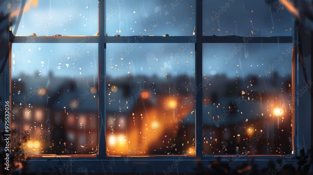 Fototapeta premium Window with raindrops and blurred city view