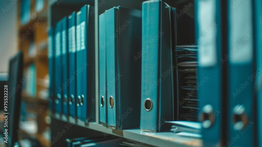 Neatly organized blue folders and documents on an office shelf Neatly organized blue folders and documents on an office shelf