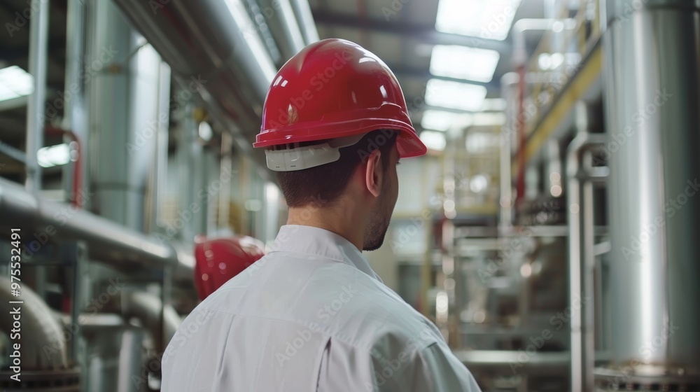 A worker with red safety helmet in industrial facility with large pipes. A worker with red safety helmet in industrial facility with large pipes.