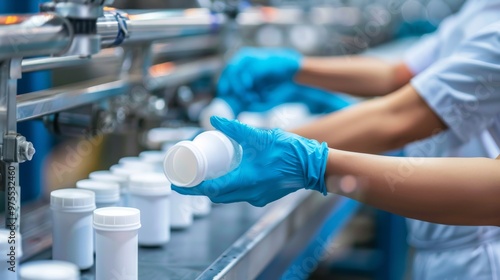 Worker in blue gloves handling products on factory line