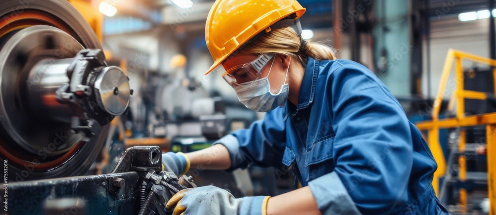 Worker in blue PPE operating heavy machinery in factory Worker in blue PPE operating heavy machinery in factory