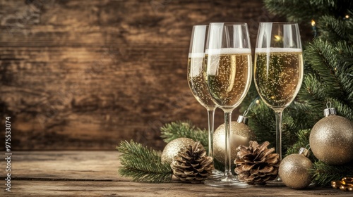 Two wine glasses with red and golden Christmas baubles, standing on a rustic wooden table with festive lights.