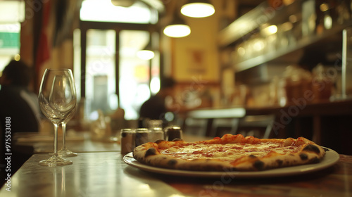 pizza with cheese and basl on a table in restaurant photo