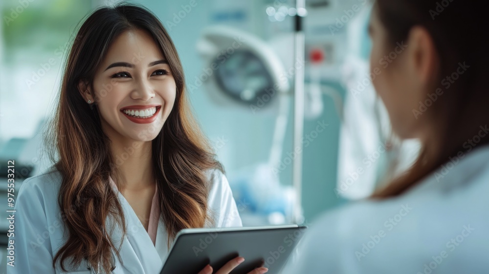 Smile, woman and nurse with tablet at hospital for Telehealth consultation, healthcare charts or medical information. Happy, female person and digital for appointment schedule, adn and reading report Smile, woman and nurse with tablet at hospital for Telehealth consultation, healthcare charts or medical information. Happy, female person and digital for appointment schedule, adn and reading report