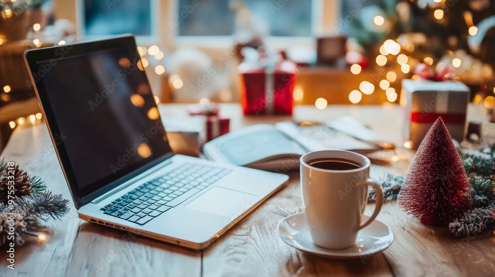A cozy workspace with a laptop showing a snowflake on screen, surrounded by Christmas decorations and warm string lights in a home office setting. A cozy workspace with a laptop showing a snowflake on screen, surrounded by Christmas decorations and warm string lights in a home office setting.