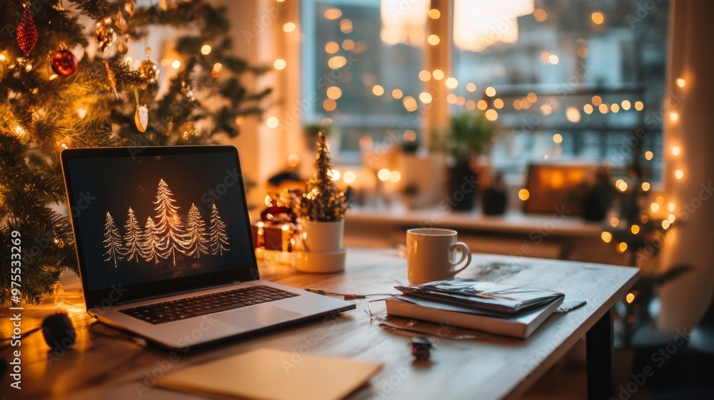 A cozy workspace with a laptop showing a snowflake on screen, surrounded by Christmas decorations and warm string lights in a home office setting. A cozy workspace with a laptop showing a snowflake on screen, surrounded by Christmas decorations and warm string lights in a home office setting.