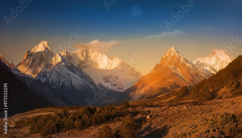 Snow-capped peaks in a remote mountain range, surrounded by untouched wilderness