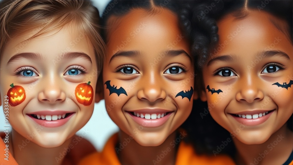 Smiling children: European, African, Asian with Halloween face painting Smiling children: European, African, Asian with Halloween face painting