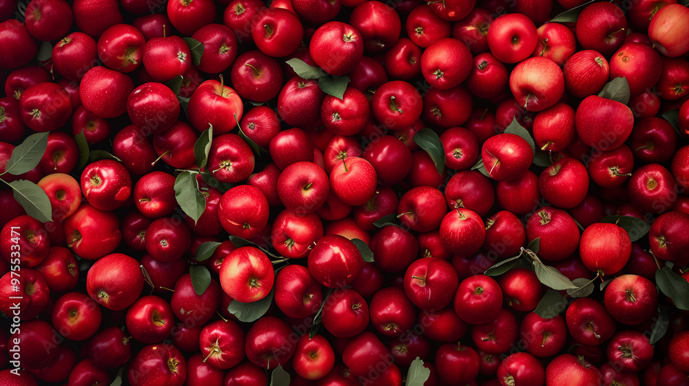 A pile of fresh apples with leaves and water drops, arranged in an overhead view create fruit background A pile of fresh apples with leaves and water drops, arranged in an overhead view create fruit background